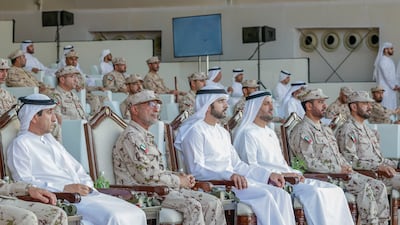 Sheikh Hamdan bin Mohammed, Crown Prince of Dubai, attends the graduation of the 18th cohort of the national military service at Seih Hafeir in Abu Dhabi