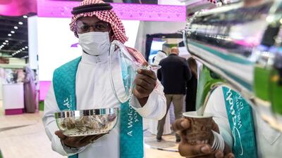 Coffee is served at the Saudi Arabia stand at Arabian Travel Market. Antonie Robertson / The National