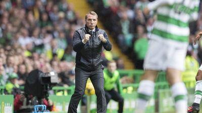 Brendan Rodgers reacts during Celtic's win in the Champions League third qualifying round second leg on Wednesday night in Glasgow. Steve Welsh / Getty Images / August 3, 2016
