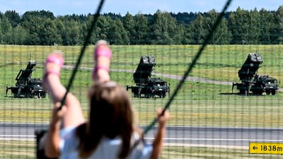 Patriot long-range air defence systems of the German armed forces sit beside a playground at Vilnius Airport ahead of the Nato summit in the Lithuanian capital. EPA