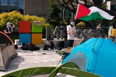 Pro-Palestinian demonstrators protest at the Microsoft campus in Redmond, Washington. Bloomberg