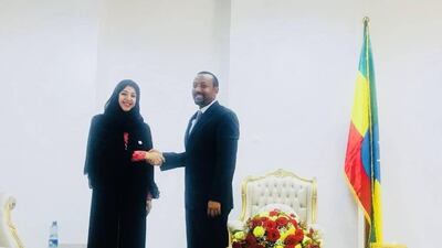 Ethiopia's Prime Minister Abiy Ahmed with Reem bint Ibrahim Al Hashemy, Minister of State for International Co-operation, on Friday in Addis Ababa. Wam