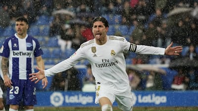 Real Madrid's Sergio Ramos celebrates scoring their first goal. Reuters