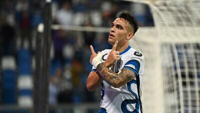 Inter Milan's Lautaro Martinez celebrates after scoring his team's second goal. AP