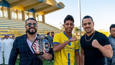 WWE US Champion Andrade and Angel Garza visit Saudi National League football champions Al Nassr in Riyadh. Photo by Craig Melvin