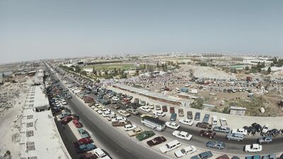 View from outside the ground as spectators gather for the Asia Cup match between Pakistan and Sri Lanka on April 6, 1984, at the Sharjah Cricket Stadium. Getty Images