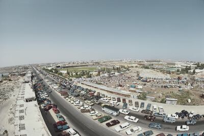 View from outside the ground as spectators gather for the Asia Cup match between Pakistan and Sri Lanka on April 6, 1984, at the Sharjah Cricket Stadium. Getty Images