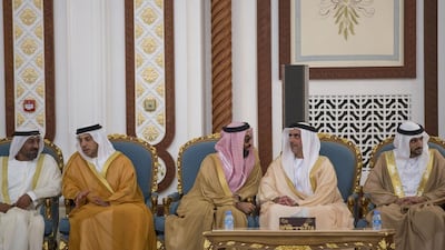 Sheikh Hamdan bin Mohammed, Crown Prince of Dubai, Lt Gen Sheikh Saif bin Zayed, Deputy Prime Minister and Minister of Interior, Sheikh Tahnoon bin Zayed, National Security Advisor, Sheikh Mansour bin Zayed, Deputy Prime Minister and Minister of Presidential Affairs and Sheikh Ahmed bin Saeed President of the Department of Civil Aviation, chief executive and Chairman of The Emirates Group and Chairman of Dubai World attend to offer condolences to Sheikh Tamim bin Hamad Al Thani and his father Sheikh Hamad bin Khalifa Al Thani on the passing of Sheikh Khalifa bin Hamad Al Thani. Mohamed Al Hammadi / Crown Prince Court - Abu Dhabi