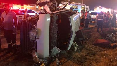 A driver and his passengers were trapped in a minibus after colliding with two vehicles. Courtesy Dubai Police