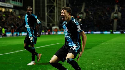 Kasey McAteer celebrates scoring Leicester's third goal against Preston. Reuters