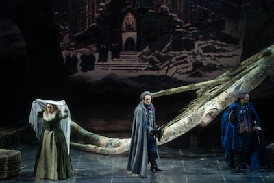 From left, Russian soprano Elena Stikhina stars alongside Polish tenor Piotr Beczala as King Gustav and Chinese baritone Liao Changyong as Count Anckarstrom. Photo: Royal Opera House Muscat