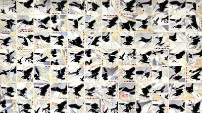 Camille Zakharia’s Out, Then, 1992 uses photographs, images of carrier birds, handwritten letters and Airmail envelopes to represent a conversation the artist had at a family reunion. Courtesy Camille Zakharia