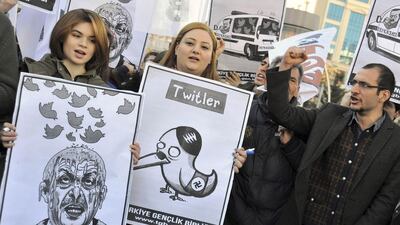 Members of the Turkish Youth Union shout anti-government slogans during a protest against a Twitter ban in Ankara in 2014. Reuters