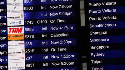 A sign displays the status of flights as the international terminal remained closed at San Francisco International Airport. Sarah Rice/Getty Images/AFP