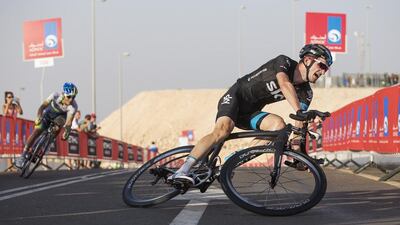 Team Sky rider Wouter Poels crashes near the finish of the third stage of the Abu Dhabi Tour on Saturday. He recovered to finish third. Esteban Chaves, behind, won. Mona Al Marzooqi / The National / October 10, 2015