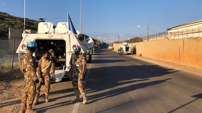 UN peacekeepers (UNIFIL) stand together in Naqoura, near the Lebanese-Israeli border, southern Lebanon October 14, 2020. REUTERS/Issam Abdallah
