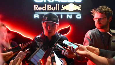 Red Bull Racing's Dutch driver Max Verstappen speaks to the press after the opening ceremony for the Las Vegas Grand Prix. AFP