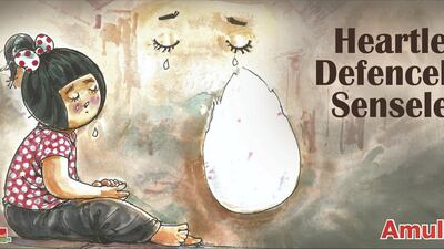 . In April, following the terror attacks in Sri Lanka, the campaign featured a weeping moppet. Courtesy Amul / daCunha Communications