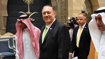Mike Pompeo walks after stepping off his plane upon arrival at King Abdulaziz International Airport in Jeddah, Saudi Arabia. AFP