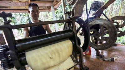 A farmer runs a sheet of rubber through a roller machine at a rubber farm in Thailand. Dario Pignatelli / Bloomberg