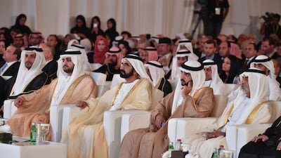 L-R: Sheikh Maktoum bin Mohammed, Deputy Ruler of Dubai, Sheikh Mohammed bin Rashid, Vice President and Ruler of Dubai, Sheikh Hamdan bin Mohammed, Crown Prince of Dubai and Sheikh Nahyan bin Mubarak, Minister of Culture and Knowledge Development, attend the Fifth International Conference for Arabic Language in Dubai. Wam