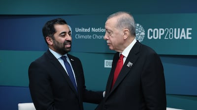 Turkish President Recep Tayyip Erdogan and First Minister of Scotland Humza Yousaf during their meeting at Cop28, in Dubai. EPA