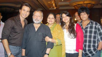 Shahid Kapoor with father Pankaj Kapoor, Supriya Pathak, Sanah and Ruhaan at the ‘Mausam’ film music success bash at JW Marriott Hotel in Mumbai. (Photo by Yogen Shah/India Today Group/Getty Images)