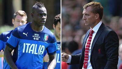 Liverpool manager Brendan Rodgers, right, appears to be targeting Mario Balotelli to form a strike pair with Daniel Sturridge. Maurizio Dell'Innocenti and Peter Powell / EPA