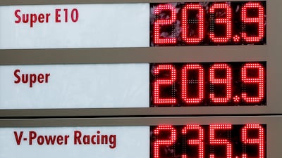 Fuel prices displayed in euros at a petrol station in Berlin. Costs have risen globally since the beginning of war in the Middle East. EPA