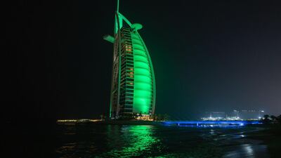Burj Al Arab lit in green to celebrate the commencement of commercial operations at Unit 1 of Barakah Nuclear Energy Plant, a major step towards the UAE achieving its clean energy ambitions. Wam