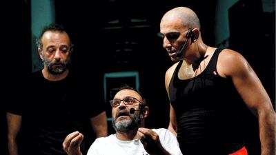 From left, Ahmad Khateeb, Ziad Itani and Khaled Soubeih perform in the play Colette Didn't Turn Up. Courtesy Metro Madina