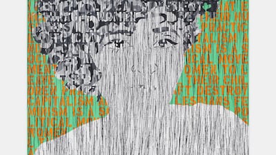 'Self Portrait in Black and White', 2020, by Ghada Amer. Courtesy the artist and KEWENIG, Berlin | Palma, Lepkowski Studios Berlin