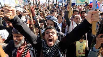 Houthi supporters take part in a protest against Saudi Arabia in Sanaa on Friday. EPA