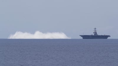 The aircraft carrier USS Gerald R. Ford (CVN 78) completes the first scheduled explosive event of Full Ship Shock Trials while underway in the Atlantic Ocean, June 18, 2021. The US Navy conducts shock trials of new ship designs using live explosives to confirm that warships can continue to meet demanding mission requirements under harsh conditions they might encounter in battle. Photo: US Navy