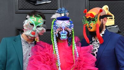 A colourful arrival for Colombian band Bomba Estereo at the Grammy Awards in Las Vegas. AFP