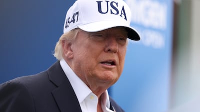 COUNTY CLARE, IRELAND - SEPTEMBER 13: U.S. President Donald Trump looks across the first tee box on day four of the Amgen Irish Open at Trump International Golf Links in Doonbeg on September 13, 2026 in Clarecastle, Ireland. (Photo by Richard Heathcote / Getty Images)