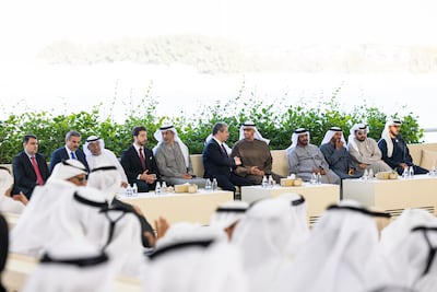 President Sheikh Mohamed meeting Masrour Barzani, sixth left, in Abu Dhabi. Ryan Carter / UAE Presidential Court