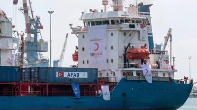 The Lady Leyla, a ship carrying humanitarian aid from Turkey to the Gaza Strip, docks at the southern Israeli port of Ashdod on July 3, 2016. Jack Guez / AFP