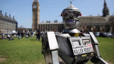 A ‘robot’ activist for the Campaign to Stop Killer Robots. Getty Images
