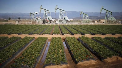 Oil pump jacks in Oxnard, California. Brent has lost about 15 per cent of its value after breaching the $90 a barrel mark in April. Reuters