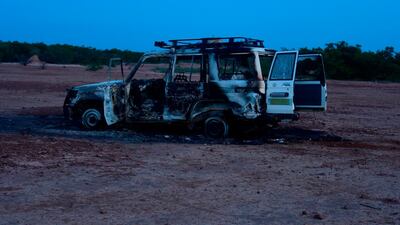 This August 9, 2020 image shows the wreckage of the car where six French aid workers, their local guide and the driver were killed by unidentified gunmen riding motorcycles in an area of southwestern Niger AFP