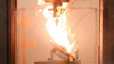 A Samsung Note 7 phone catches fire during a test at the Applied Energy Hub battery laboratory in Singapore. The fault spurred the company to stop making its headline gadget just after it was launched. Edgar Su / Reuters