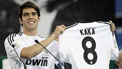 Kaka, the Brazilian playmaker, reveals to 50,000 Real Madrid fans what shirt number he will be wearing next season for the club at the Bernabau Stadium.