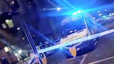 A police car is seen after the incident at Edmonton Police station. Reuters