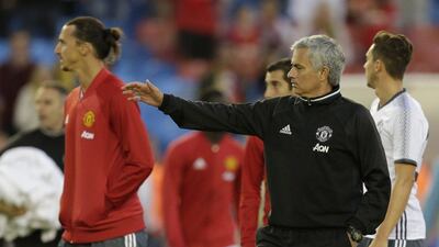 Manchester United manager Jose Mourinho and Zlatan Ibrahimovic (L) at the end of the pre-season friendly match between Galatasaray and Manchester United, at Ullevi Stadium, Gothenburg, Sweden, 30 July 2016. Henry Browne / Action Images / Reuters