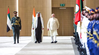 President Sheikh Mohamed welcomes Indian Prime Minister Narendra Modi in Abu Dhabi. Victor Besa / The National