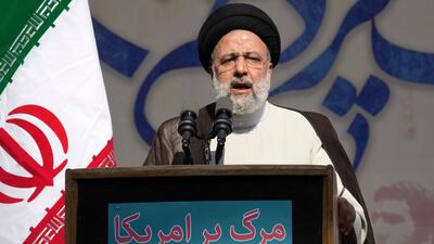 Iranian President Ebrahim Raisi addresses the crowd during an annual demonstration in front of the former US embassy in Tehran. AP
