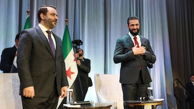 Syrian President Ahmad Al Shara, right, and Foreign Minister Asaad Al Shibani met members of the Syrian diaspora in Washington. Photo: Syrian Presidency
