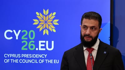 Syrian President Ahmed Al Shara attends a summit of the EU and regional partners' leaders in Nicosia, Cyprus. Reuters