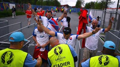 Slovakian fans go through the security check of the Stade de Bordeaux in Bordeaux, France, 11 June 2016, before the Uefa Euro 2016 group B preliminary round match between Wales and Slovakia. Vassil Donev / EPA